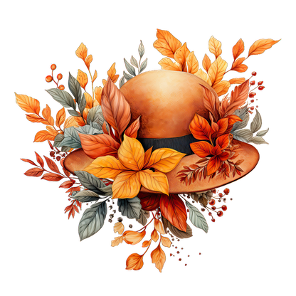 A charming orange hat adorned with vibrant autumn leaves and flowers, perfect for celebrating the fall season. dtf prints