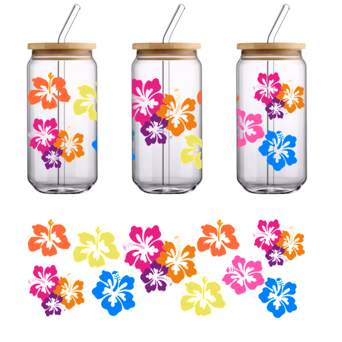 A vibrant array of hibiscus flowers in shades of pink, orange, yellow, blue, and purple, perfect for tropical designs.UV Transfers heat press transfers