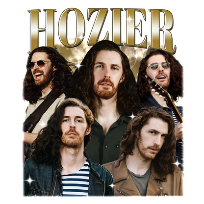 A vibrant collage of Hozier showcasing various looks and styles, highlighting his unique curly hair and musical presence.DTF Transfers dtf transfers