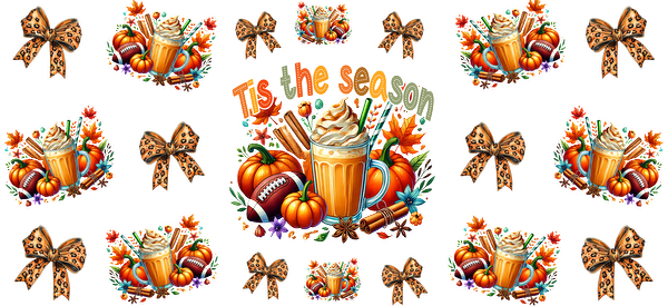 Celebrate the season with this vibrant autumn-themed design featuring pumpkins, a delicious drink, and festive bows.UV Transfers heat press transfers