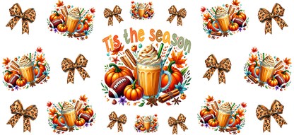 Celebrate the season with this vibrant autumn-themed design featuring pumpkins, a delicious drink, and festive bows.UV Transfers heat press transfers