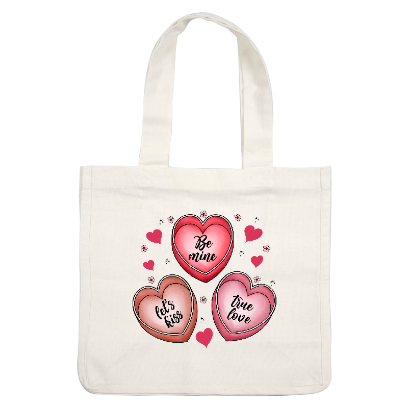 Colorful heart illustrations featuring sweet sentiments like "Be mine," "Let's kiss," and "True love," perfect for romantic occasions.DTF Transfers