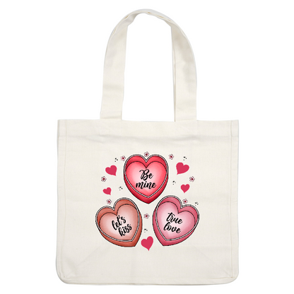 Colorful heart illustrations featuring sweet sentiments like "Be mine," "Let's kiss," and "True love," perfect for romantic occasions.DTF Transfers