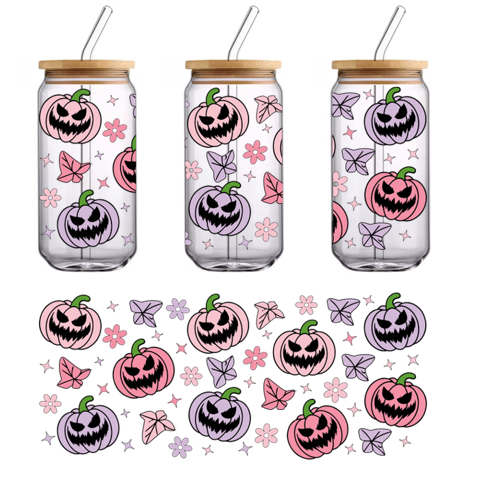 A playful pattern featuring whimsical, smiling pumpkins in pink and purple surrounded by flowers and butterflies, perfect for Halloween decor.UV Transfers heat press transfers