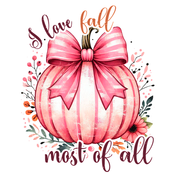 A charming pink-striped pumpkin adorned with a bow, surrounded by colorful flowers, celebrates the joy of fall. heat press transfers