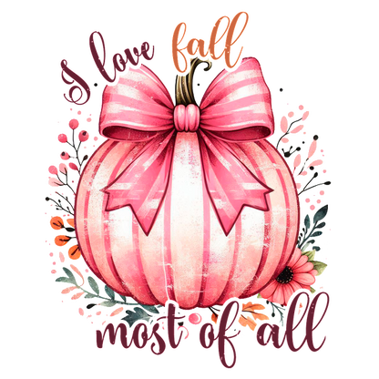 A charming pink-striped pumpkin adorned with a bow, surrounded by colorful flowers, celebrates the joy of fall. heat press transfers