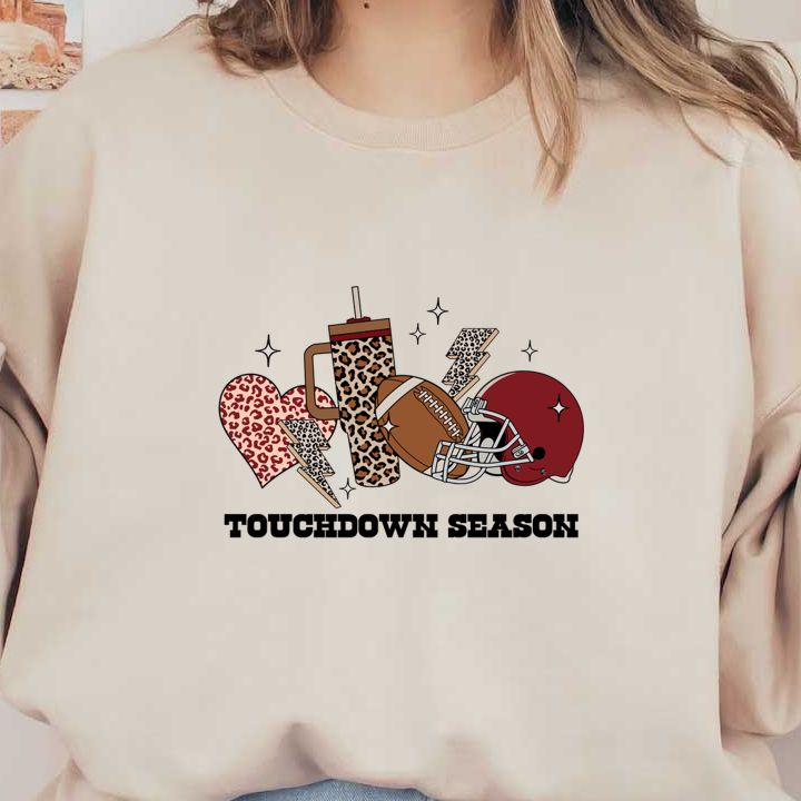 A fun collage featuring a football, helmet, leopard-print cup, and heart, perfect for sports enthusiasts with a stylish twist. heat press transfers