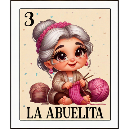 Una simpática abuela ilustrada, de cabello gris, está tejiendo, rodeada de bolas de hilo de colores, etiquetadas como "La Abuelita".