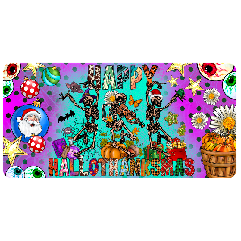 Celebrate the quirky fusion of holidays with this vibrant "Happy Hallothanksmas" design featuring playful skeletons and festive decorations!DTF Transfers