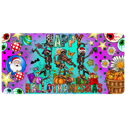 Celebrate the quirky fusion of holidays with this vibrant "Happy Hallothanksmas" design featuring playful skeletons and festive decorations!DTF Transfers