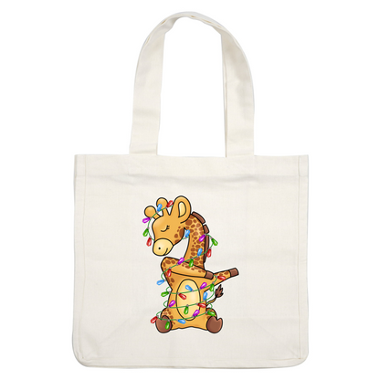 A cheerful cartoon giraffe wrapped in colorful Christmas lights, radiating holiday joy and playfulness. heat press transfers