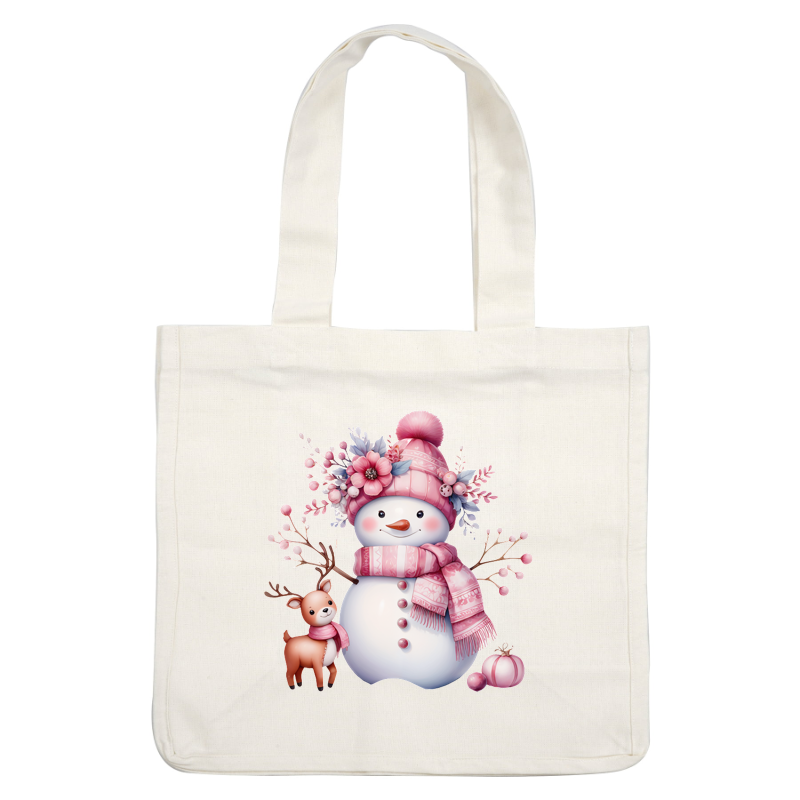 A cheerful pink-hatted snowman adorned with flowers and a matching scarf, accompanied by a cute reindeer and festive decorations. heat press transfers