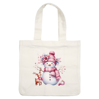 A cheerful pink-hatted snowman adorned with flowers and a matching scarf, accompanied by a cute reindeer and festive decorations. heat press transfers