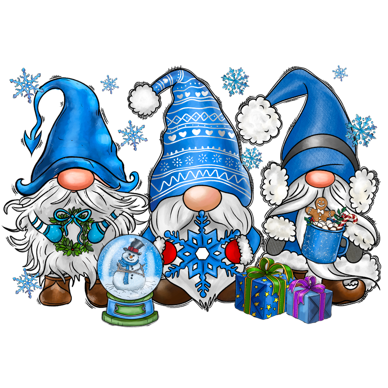 Three cheerful winter gnomes in blue hats, each with festive accessories like a snow globe, gifts, and a treat-filled bucket.DTF Transfers dtf transfers