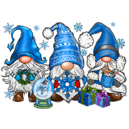 Three cheerful winter gnomes in blue hats, each with festive accessories like a snow globe, gifts, and a treat-filled bucket.DTF Transfers dtf transfers