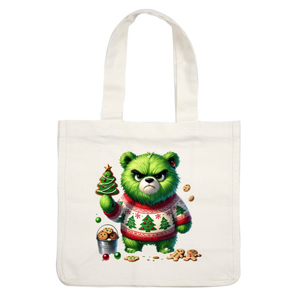 A grumpy green bear in a festive sweater holds a Christmas tree cookie, surrounded by cookies and holiday decorations.DTF Transfers heat press transfers