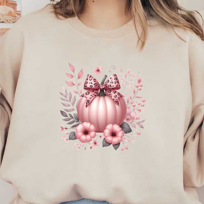 A charming pink pumpkin adorned with a leopard-print bow, surrounded by delicate flowers and leafy accents, perfect for fall decor. heat press transfers