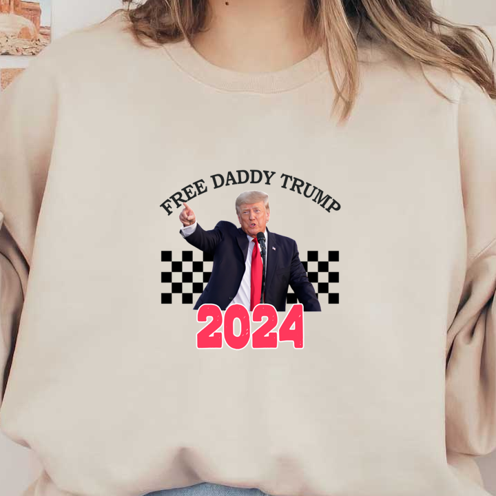 Un gráfico político que presenta una figura notable con la frase "Free Daddy Trump" (Liberen a papá Trump) y el año "2024" en un lugar destacado.