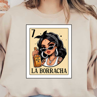 Una ilustración vibrante de una mujer elegante sosteniendo una botella de tequila, etiquetada "La Borracha" con un toque divertido.