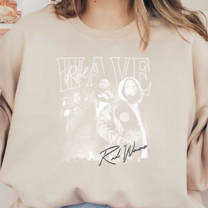 Prominent graphic featuring the title "Rod Wave" and "The Wave," showcasing artistic style with bold text and signature elements.DTF Transfers dtf transfers