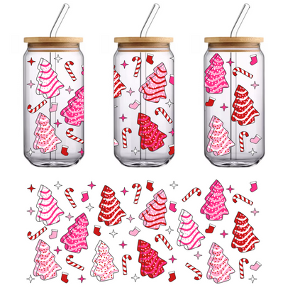 A festive collection of pink and red Christmas trees adorned with candy canes and stockings, perfect for holiday cheer!UV Transfers heat press transfers