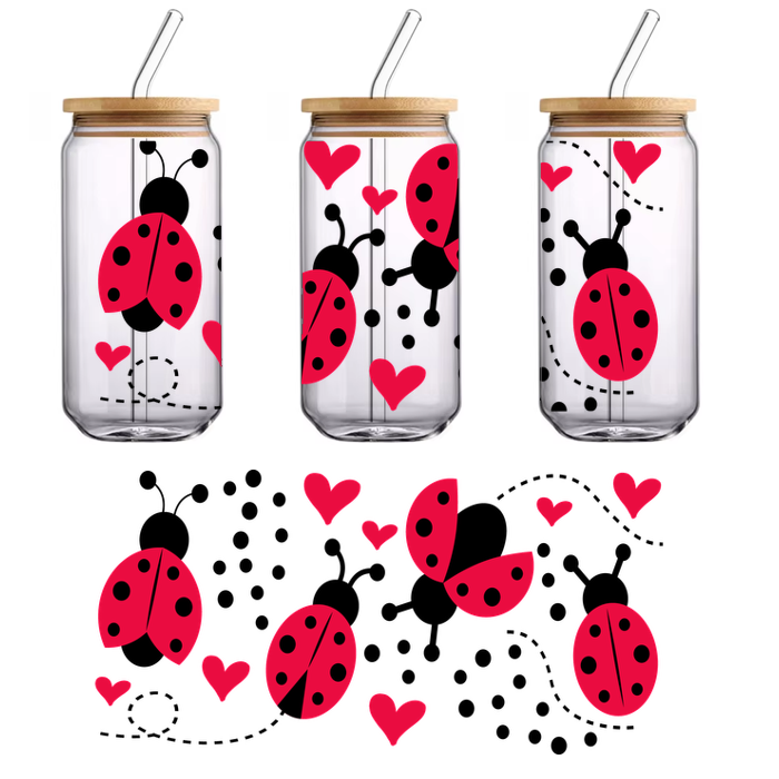 A cheerful design featuring red ladybugs with black spots and cute hearts, perfect for adding a playful touch to any project.UV Transfers dtf transfers