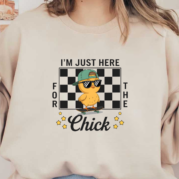 This playful illustration features a cool chick on a skateboard, sporting sunglasses and a hat, with a fun checkered background.DTF Transfers