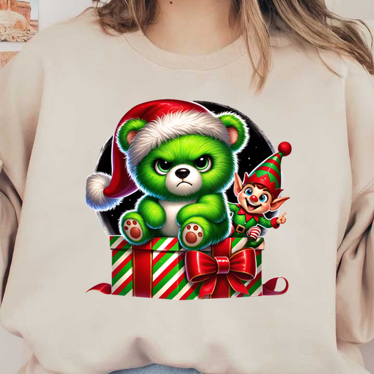 A grumpy green bear wearing a Santa hat sits on a festive gift, accompanied by a cheerful elf in a holiday outfit.DTF Transfers dtf prints