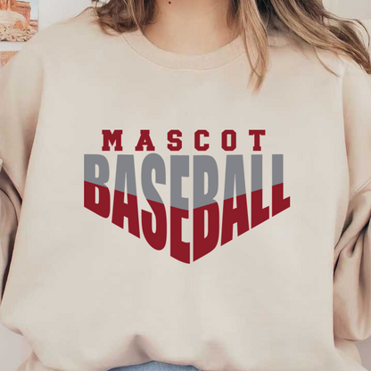 A bold graphic featuring the words "MASCOT BASEBALL" in red and gray, perfect for a sports-themed design.DTF Transfers heat press transfers