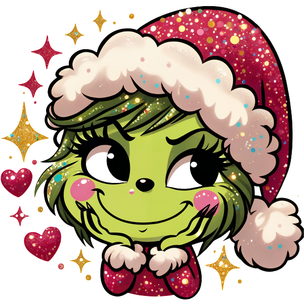 A cheerful, cartoonish green character in a festive Santa hat, adorned with sparkles and hearts, exuding joy and holiday spirit.DTF Transfersdtf regular iron