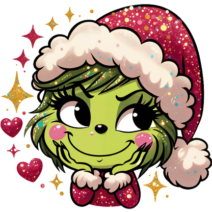 A cheerful, cartoonish green character in a festive Santa hat, adorned with sparkles and hearts, exuding joy and holiday spirit.DTF Transfersdtf regular iron