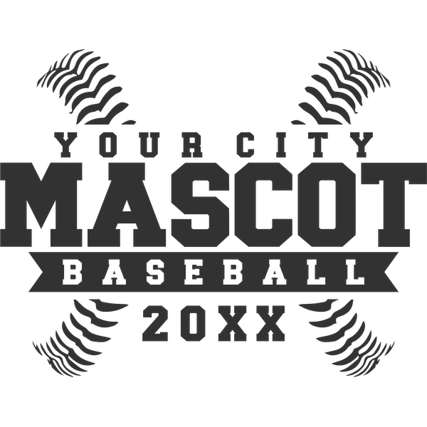 Logotipo personalizable para un equipo de béisbol que presenta "La mascota de tu ciudad" con detalles de costura de béisbol y el marcador de posición del año "20XX". Transferencias DTF