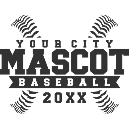 Logotipo personalizable para un equipo de béisbol que presenta "La mascota de tu ciudad" con detalles de costura de béisbol y el marcador de posición del año "20XX". Transferencias DTF