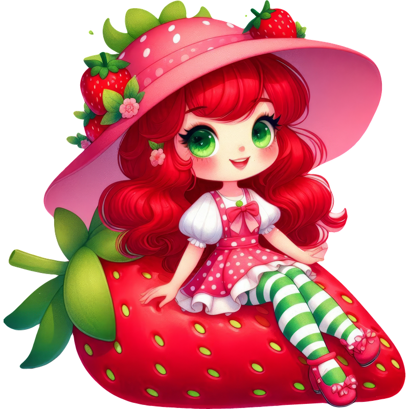 A whimsical cartoon character with red hair, wearing a pink hat adorned with strawberries, sitting on a large, vibrant strawberry.DTF Transfers