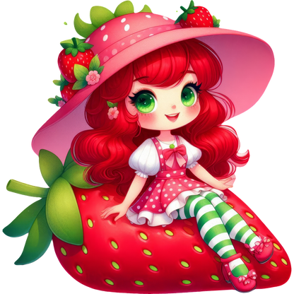 A whimsical cartoon character with red hair, wearing a pink hat adorned with strawberries, sitting on a large, vibrant strawberry.DTF Transfers