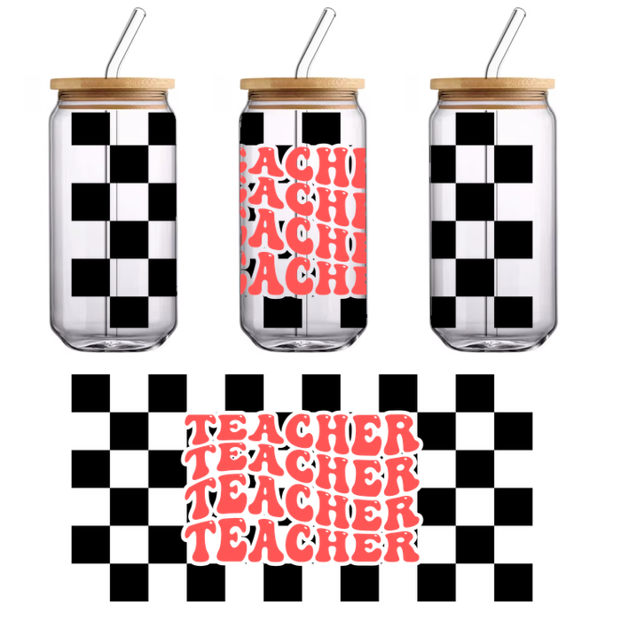 A bold graphic design featuring the word "TEACHER" repeated in playful, retro-style lettering.UV Transfers dtf transfers