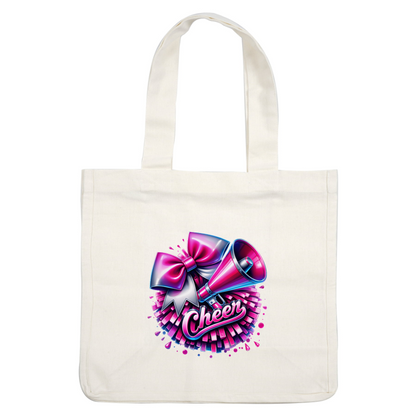 A vibrant graphic featuring a cheerleading megaphone, pink bows, and a cheerful "Cheer" design, perfect for spirited events.DTF Transfers heat press transfers