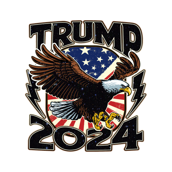 Diseño atrevido que presenta un águila con colores y símbolos patrióticos, que promueve “Trump 2024” con gráficos llamativos.