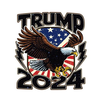 Diseño atrevido que presenta un águila con colores y símbolos patrióticos, que promueve “Trump 2024” con gráficos llamativos.