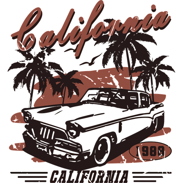 Gráfico de inspiración retro que presenta un automóvil clásico con palmeras, resaltando California y el año 1988 en estilo vintage.