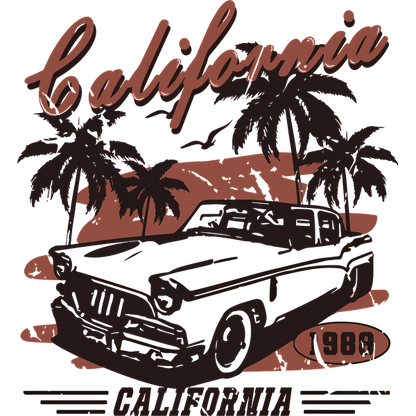 Gráfico de inspiración retro que presenta un automóvil clásico con palmeras, resaltando California y el año 1988 en estilo vintage.