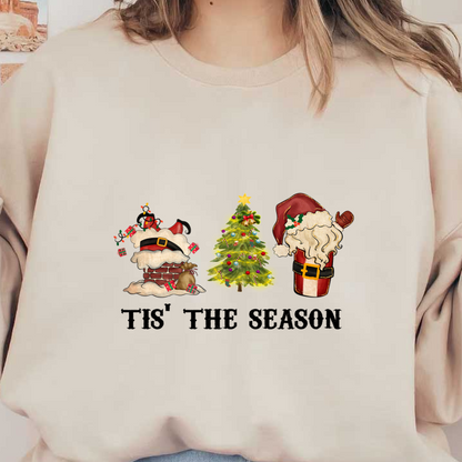 A whimsical Christmas scene featuring Santa in a chimney, a decorated Christmas tree, and Santa's jolly face. dtf transfers