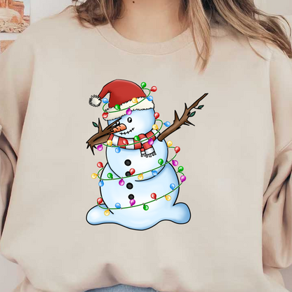 Festively decorated, this charming snowman in a Santa hat is wrapped in colorful lights, spreading holiday cheer! dtf prints