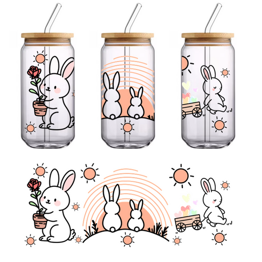 Black background with bunnies, rainbow and vibrant think bubbles and bouquet of flowers.UV Transfers