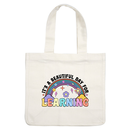 A colorful, playful design featuring the word "LEARNING" under a vibrant rainbow, adorned with cheerful flowers and smiling clouds.DTF Transfers