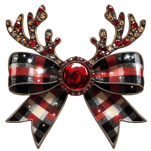 Festive hair accessory featuring sparkling antlers, a vibrant red gem, and a stylish red and black plaid bow. heat press transfers