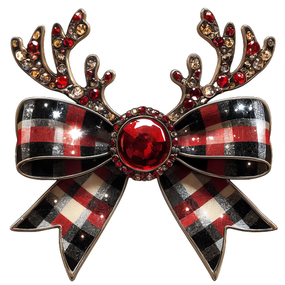 Festive hair accessory featuring sparkling antlers, a vibrant red gem, and a stylish red and black plaid bow. heat press transfers