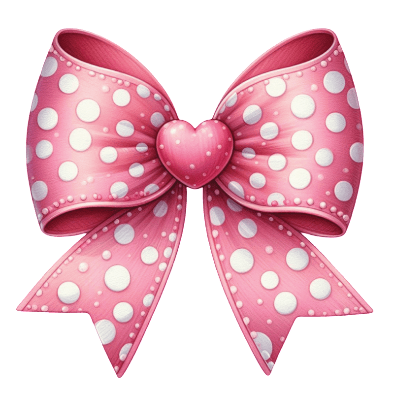 A delightful pink polka dot bow featuring a heart-shaped center, perfect for adding a sweet touch to any gift or hairstyle.DTF Transfers