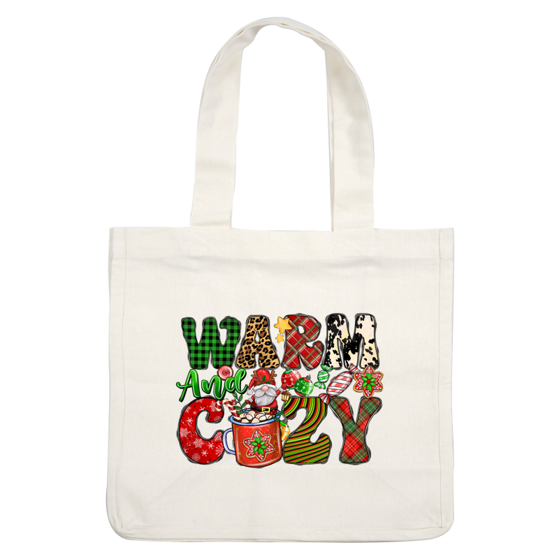 This festive design features the phrase "Warm and Cozy" with cheerful holiday motifs, including a jolly Santa and a decorated mug.DTF Transfersdtf regular iron