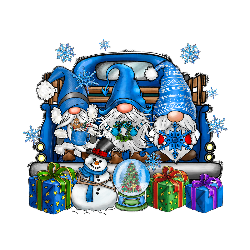 A festive illustration featuring three cheerful gnomes in blue hats surrounded by colorful gifts, a snowman, and a snow globe.DTF Transfers dtf transfers